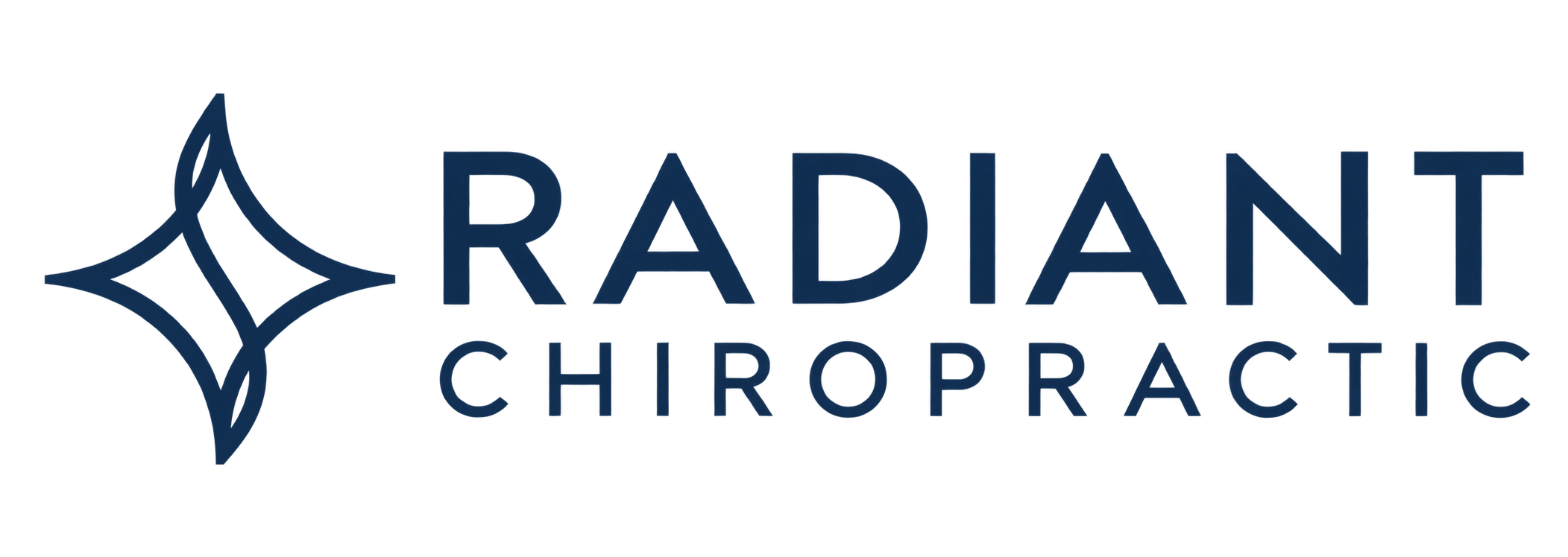 Radiant Chiropractic logo featuring a navy blue four-pointed star icon alongside bold navy text.